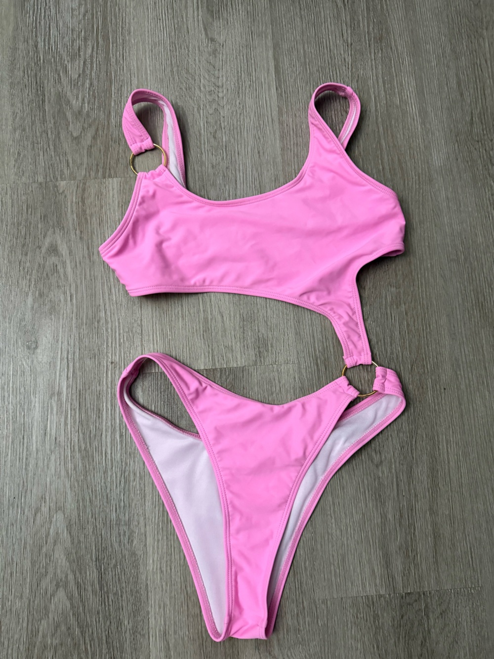 Girls Bright Pink One-Piece Cutout Swimsuit with Gold Ring Accent